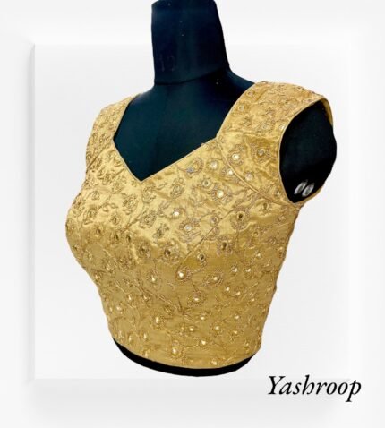 Latest Designer Golden Embroidered Blouse with Fawx Mirror