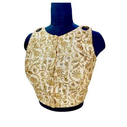 Designer Shoulders Golden Embroidered Blouse(Floral Print)